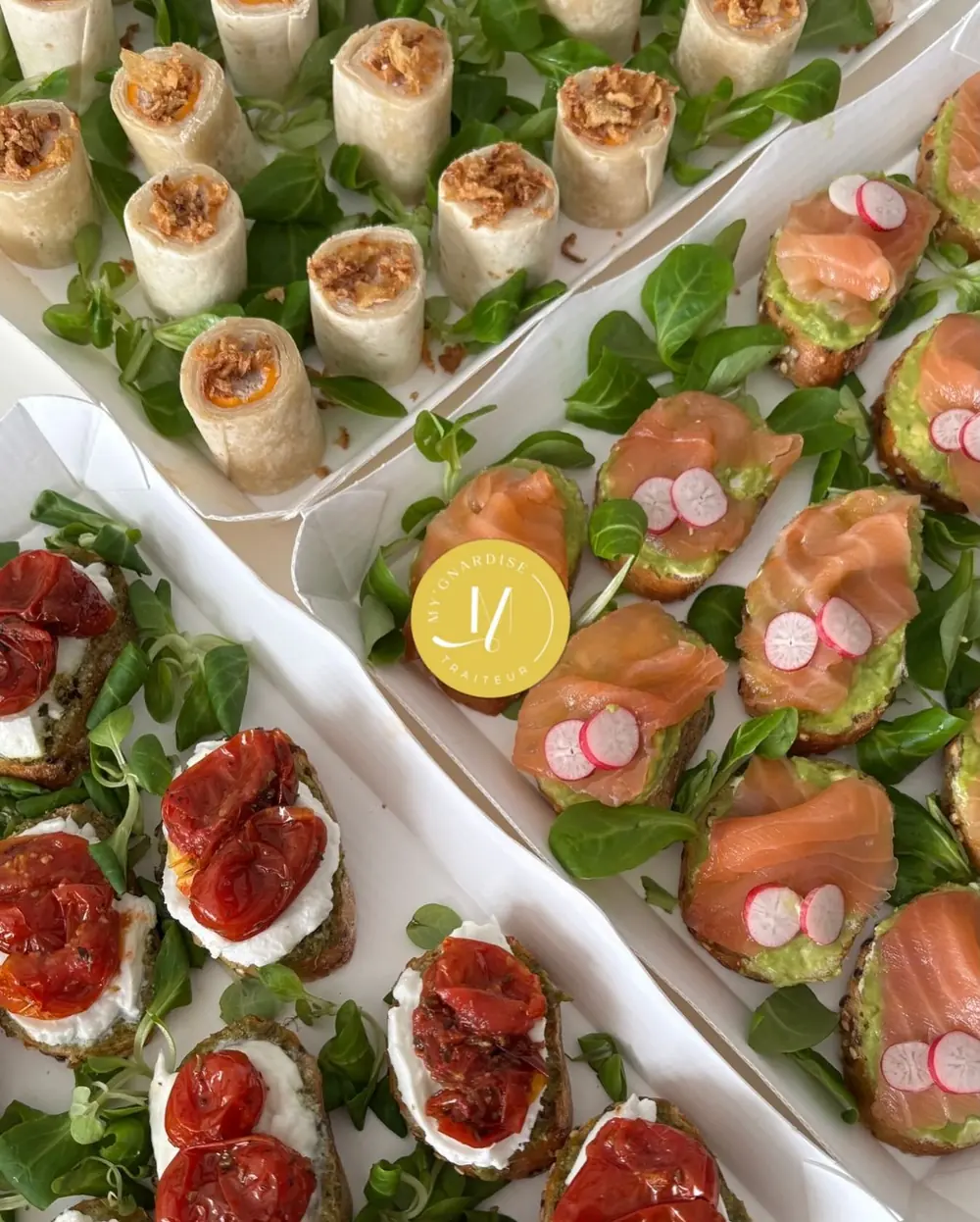Toasts saumon fumé, avocat et radis, toasts tomate confite et fromage frais, wraps roulés
